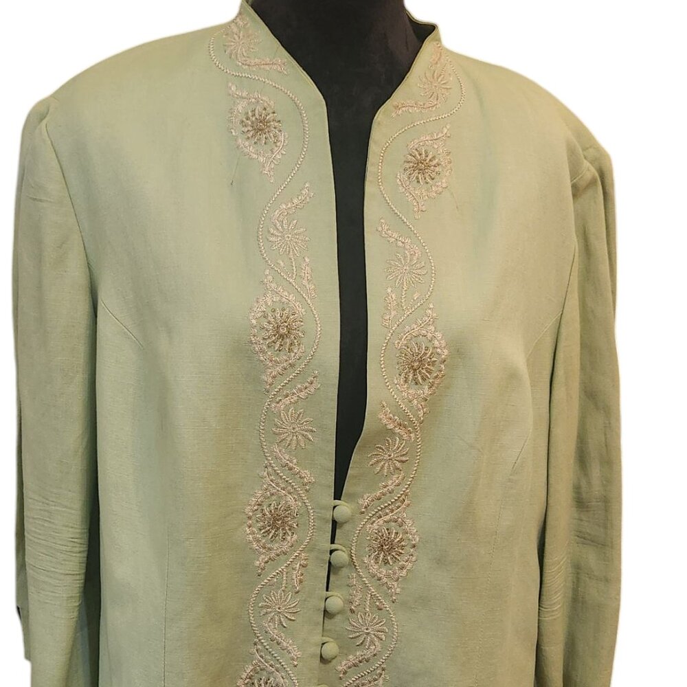 Beautiful Lime Green Jessica Howard Woman Embroidered Linen Blend Jacket Size 16 - Picture 2 of 14